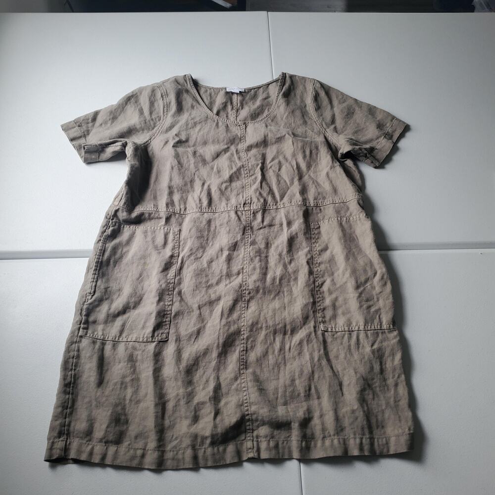 Pure Jill Dress Womens Large Petite Beige Linen Short Sleeve Shift Pockets